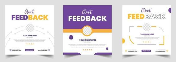 Customer feedback testimonial social media post web banner template. client testimonials social media post banner design template with blue color vector