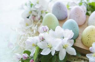 Easter eggs in wooden tray on green wooden background photo